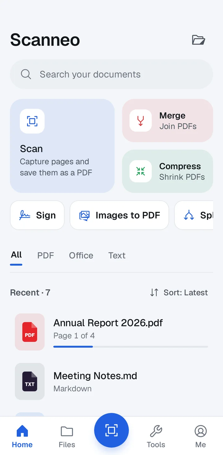 Scanneo home screen with Scan, Merge and Compress shortcuts and recent documents