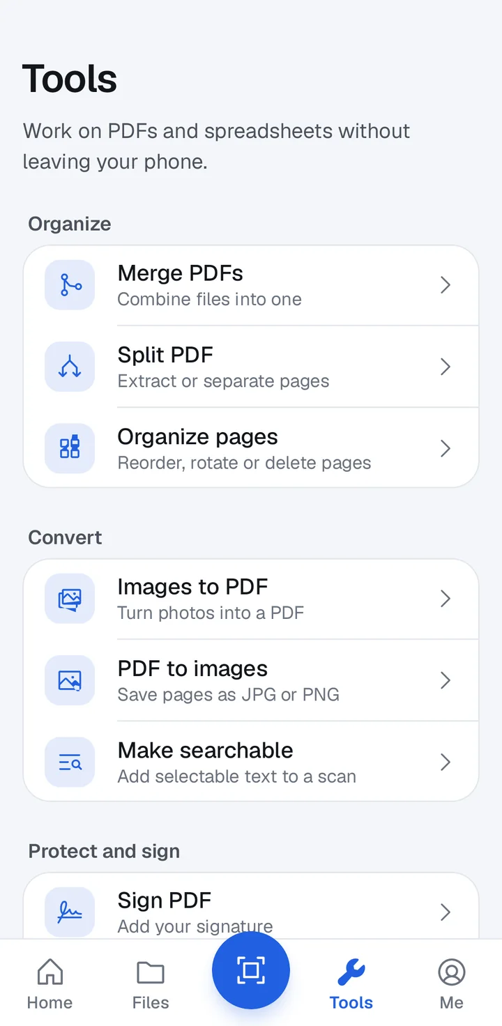 The Scanneo PDF tools list